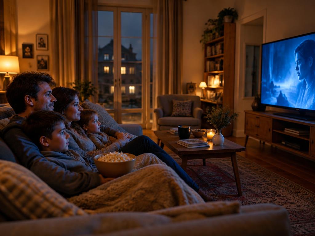 Famille regardant un film sur une grande TV le soir