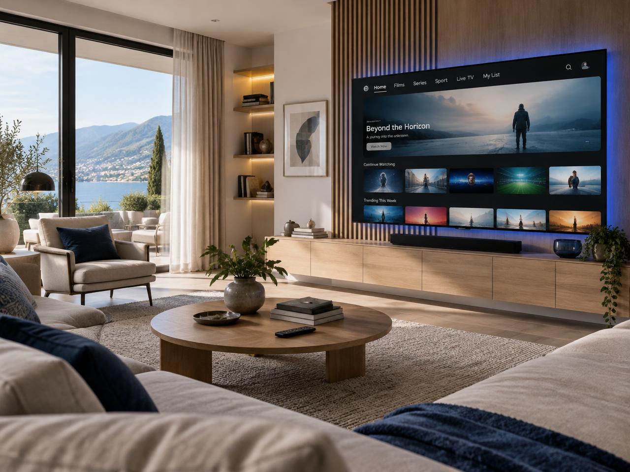 Salon moderne avec une grande Smart TV affichant une interface de streaming : films, séries, sport et TV en direct