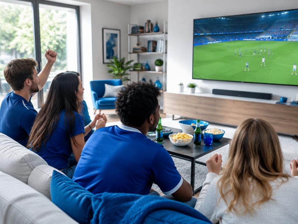 Amis regardant un match de football à la télévision